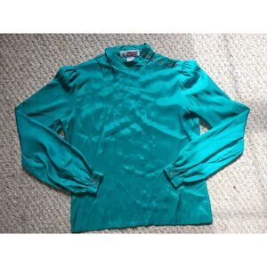 Vintage 70s Green‎ Blouse Long Sleeves Retro 1970s 80s Size S
